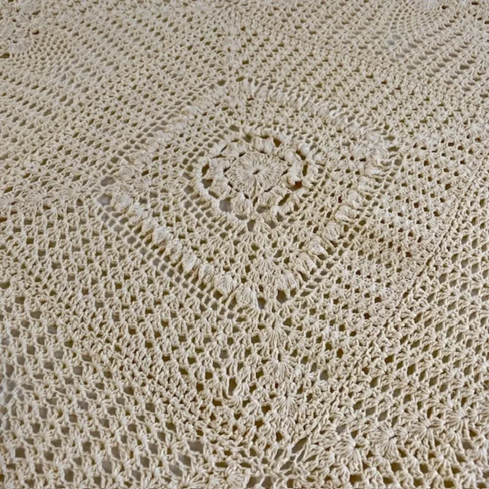 Crochet Style Cotton Granny Square Bedspread 83x83 Ivory Textured Cottagecore